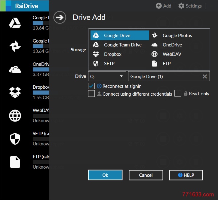 RaiDrive: 免费软件 / 将你的网盘映射为本地磁盘 / 支持Google Drive、OneDrive、WebDAV等